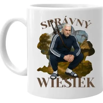 Žertovný předmět Správný Wiesiek - Geralt v teplákové soupravě - hrnek s potiskem- Tričkový.cz