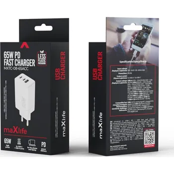 65W EU napájecí adaptér / nabíječka MAXLIFE - USB-A + 2x USB-C pro Apple iPhone / iPad / Mac - bílý