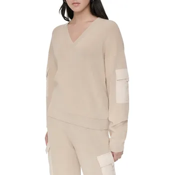 Dámský svetr SVETR DKNY L/S VNCK SWTR W/ SAT CHINO KHAKI