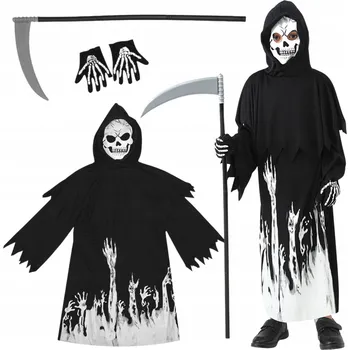 Karnevalový kostým KOSTÝM SMRTI STRAŠIDELNÝ PŘEVLEK ZOMBIE KOSA RUKAVICE HALLOWEEN S