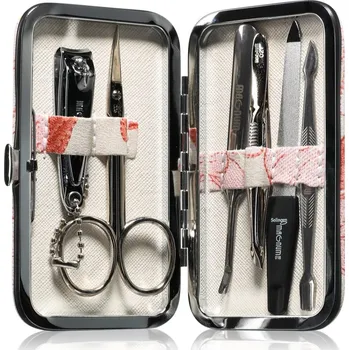Magnum Feel The Style pinzeta šikmá 7,8 cm + nůžky na nehtovou kůžičku 9 cm + kleštičky na nehty 5,5 cm + multifunkční nástroj na péči o nehtovou kůžičku 9 cm + safírový pilník 10 cm + odstraňovač nehtové kůžičky 1 ks + cestovní pouzdro 1 ks