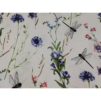 Bavlněná česká látka šíře 160cm - Květiny a vážky na bílé (50cm)