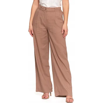 Dámské kalhoty ŠIROKÉ DÁMSKÉ LNĚNÉ KALHOTY ELEGANTNÍ S VYSOKÝM PASEM MORAJ BÉŽOVÁ S