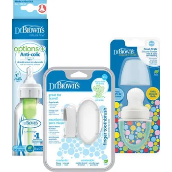 DR.BROWN'S Set láhev plast 250 ml + Savička FreshFirst tyrkys + Prstový zubní kartáček