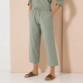 Široké 7/8 kalhoty ze směsi bavlny a lnu šedozelená 40