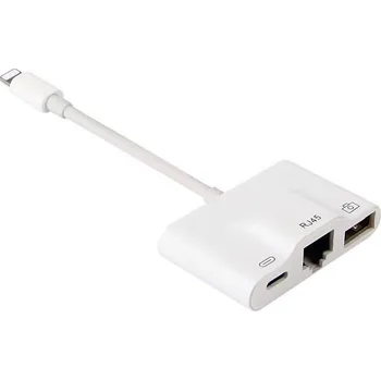 Datový kabel Přepojka / adaptér pro Apple iPhone / iPad - Lightning / USB-A + ethernet + Lightning - bílá
