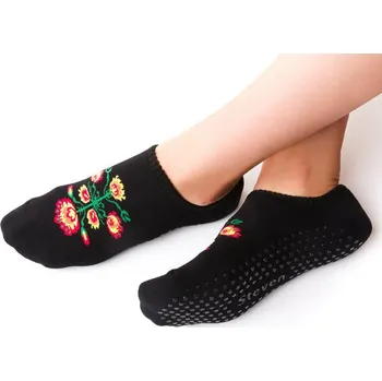 Dámské ponožky Kotníkové Ponožky froté protiskluzové, podrážka z ABS, 35-37, Černé s květinami