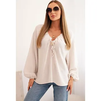 Dámská halenka Kesi Włoski Dámská blůza s viskózou, s nařaseným výstřihem a ozdobou béžová Kesi Włoski modrá | krémová 3389841