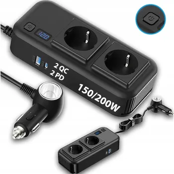 Měnič napětí Měnič Napětí 200W 12V/24V na 230V 2xUSB QC3.0 PD 2xAC Zásuvky DC Konektor