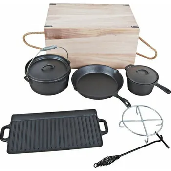 Příslušenství pro gril Litinový outdoor BBQ set s dřevěným boxem