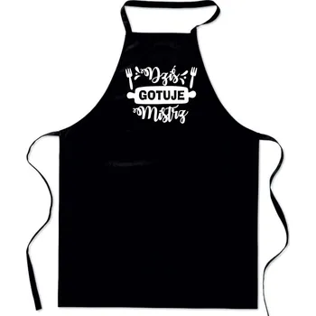 Kuchyňská zástěra Bavlněná černá kuchyňská zástěra S POTISKEM DNES VAŘÍ MISTR mužský