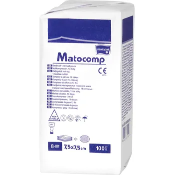 Zdravotnický materiál Matopat Matocomp 13nitkové 8vrstvé gázové kompresy 7,5 x 7,5 cm nesterilní, 100 ks
