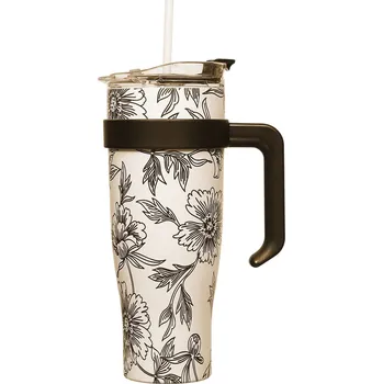 Termohrnek CMP KA0588 Termohrnek s uchem a brčkem 1,2 l, béžový s jemným květinovým vzorem