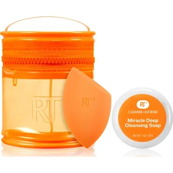 Real Techniques Miracle Blend + Cleanse Set Real Techniques Original Collection Base houbička na make-up 1 ks + taštička 1 ks + Miracle Deep Cleansing Solid Soap čisticí mýdlo 30 g