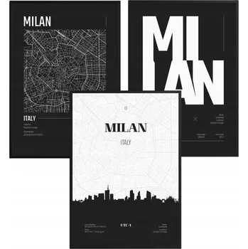 Obraz Sada Plakátů Milán Mapa Panorama Města Černobílá Moderní Loft
