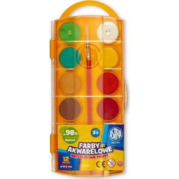 Výtvarná barva Vodové barvy Astra, 12 barev, Ø 23,5 mm, se štětcem
