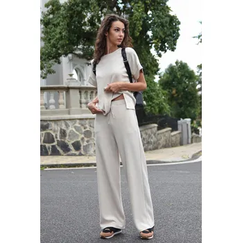 Dámské kalhoty BÉŽOVÉ ŠIROKÉ KALHOTY S TKANIČKOU Vero Moda