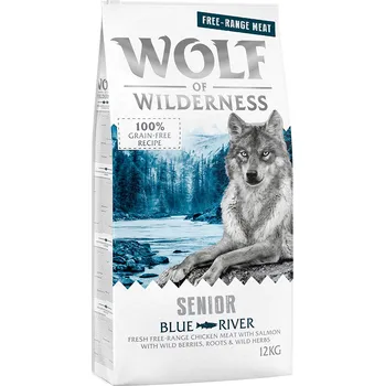Krmivo pro psa 12kg Wolf of Wilderness Senior „Blue River“ – kuřecí z volného chovu a losos