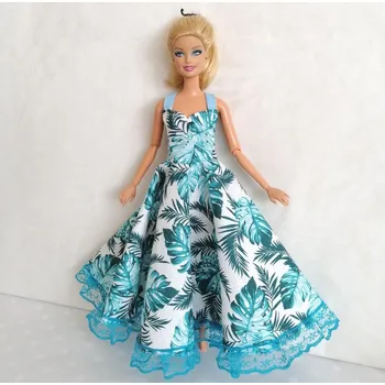 Oblečky pro panenku Barbie - šaty dlouhé s krajkou modré listy monstery