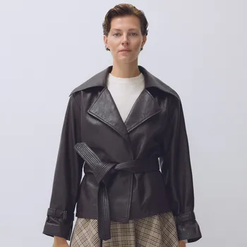 Reserved - Kožená bunda s límcem - tmavě hnědá - 039GR-89X - 039GR-89X-XS