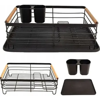 Odkapávač na nádobí Odkapávač na nádobí černý s odkapávací miskou a nádobkou - kov + dřevo