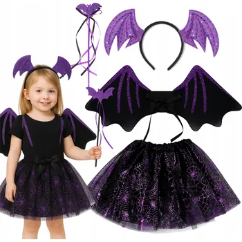 Karnevalový kostým KOSTÝM NETOPÝŘÍ SUKNĚ TUTU KŘÍDLA ČELENKA HŮLKA HALLOWEENSKÝ SET