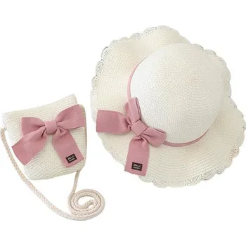 Klobouk Dívčí slaměný klobouk + kabelka - bílý, růžová mašle