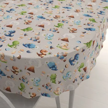 ubrus Dětský bavlněný oválný ubrus Sandra SA-656 Modro-zeleno-hnědí dinosauříci na světle šedém 80x120 cm