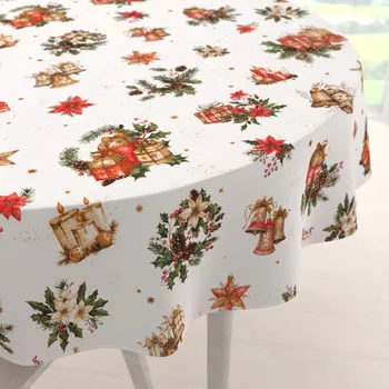 ubrus Vánoční bavlněný kulatý ubrus Sandra SA-515 Vánoční hvězdy a ozdoby na bílém Ø 100 cm