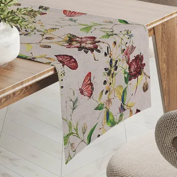 ubrus Dekorační běhoun na stůl PML-083 Květiny a motýli na béžovém 20x120 cm