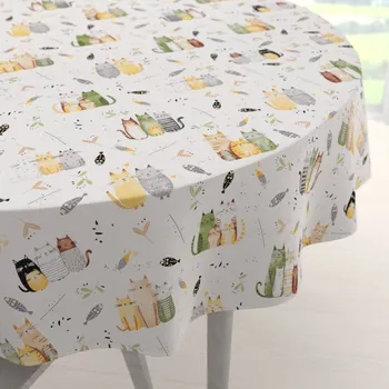 ubrus Dětský bavlněný kulatý ubrus Sandra SA-652 Kočičí svět zeleno-žlutý na bílém Ø 50 cm