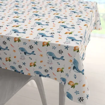 ubrus Dětský bavlněný čtvercový ubrus Sandra SA-660 Modré velryby a mořská zvířátka na bílém 110x110 cm