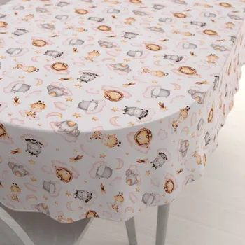 ubrus Dětský bavlněný oválný ubrus Sandra SA-658 Africká zvířátka na růžových obláčcích na bílém 50x100 cm