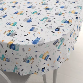 ubrus Dětský bavlněný oválný ubrus Sandra SA-653 Kočičí svět modrý na bílém 100x160 cm