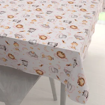 ubrus Dětský bavlněný obdélníkový ubrus Sandra SA-658 Africká zvířátka na růžových obláčcích na bílém 50x100 cm