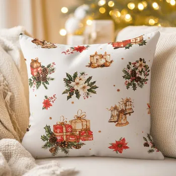 Povlak na dekorativní polštářek Vánoční bavlněný povlak na polštář Sandra SA-515 Vánoční hvězdy a ozdoby na bílém 50 x 50 cm