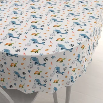 ubrus Dětský bavlněný oválný ubrus Sandra SA-660 Modré velryby a mořská zvířátka na bílém 60x100 cm