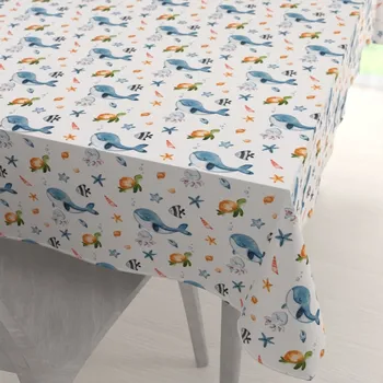 ubrus Dětský bavlněný obdélníkový ubrus Sandra SA-660 Modré velryby a mořská zvířátka na bílém 50x100 cm