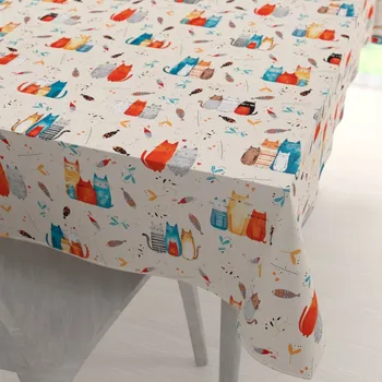 ubrus Dětský bavlněný obdélníkový ubrus Sandra SA-655 Kočičí svět modro-červený na krémovém 80x120 cm