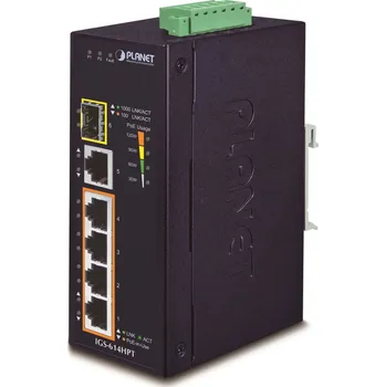 Síťový kabel PLANET Technology Planet IGS-614HPT Průmyslový PoE Switch 5x 1000Base-T, 1x SFP, 4x PoE 802.3at, -40~+75°C, 12-56VDC, dual-power, DIN