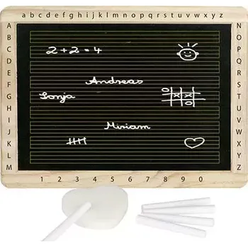 Tabule s dřevěným rámem, písmenky a čísly
