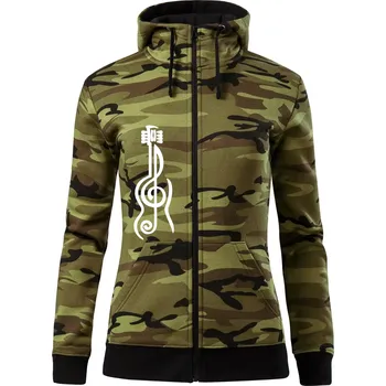 Dámská mikina Houslový klíč kytara - Dámská mikina trendy zipper s kapucí - S ( Zelený maskáč )