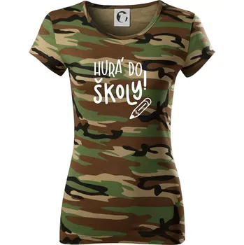 Dámské tričko Hurá do školy! - Dámské maskáčové triko - L ( Hnědý maskáč )