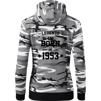 Dámská mikina Legends are born in 1953 - Dámská mikina trendy zipper s kapucí - S ( Šedý maskáč )