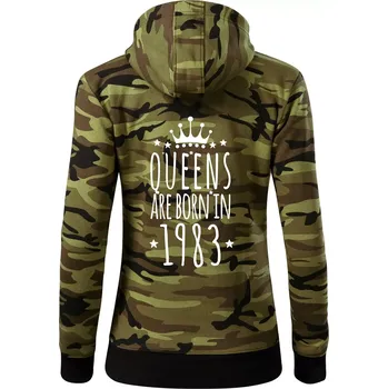 Dámská mikina Queens are born in 1983 - Dámská mikina trendy zipper s kapucí - S ( Zelený maskáč )