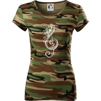 Dámské tričko Houslový klíč kytky - Dámské maskáčové triko - XL ( Hnědý maskáč )