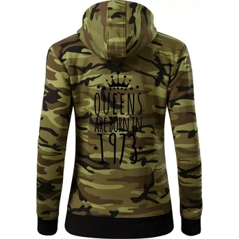 Dámská mikina Queens are born in 1973 - Dámská mikina trendy zipper s kapucí - S ( Zelený maskáč )