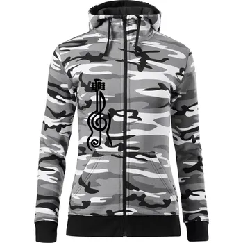 Dámská mikina Houslový klíč kytara - Dámská mikina trendy zipper s kapucí - S ( Šedý maskáč )