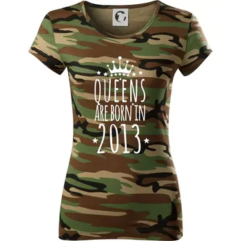 Dámské tričko Queens are born in 2013 - Dámské maskáčové triko - L ( Hnědý maskáč )