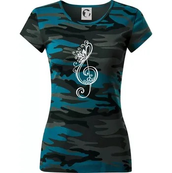 Houslový klíč kytky - Dámské maskáčové triko - S ( Petrolejová maskáč )